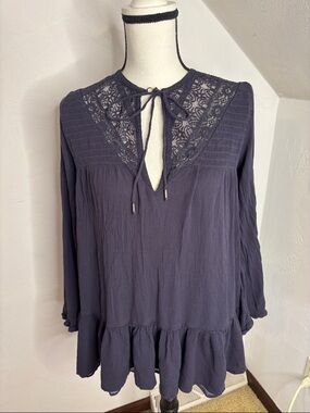 Free People Lace Yoke Peasant Blouse - Deep Plum Size M